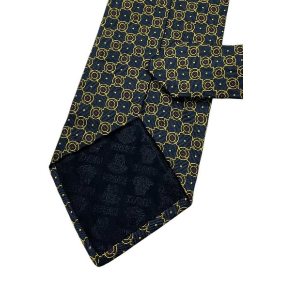 VERSACE Men's 100% Silk Necktie LUXURY Tie Navy Gold Geometric Logo W:3.6" EUC - Picture 6 of 6